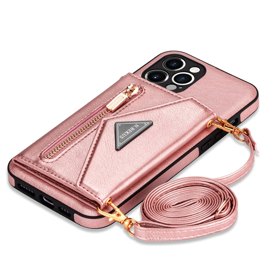 Wallet Crossbody for iPhone 13 Pro Max Phone Case with Lanyard Strap Credit Card Holder 6.7'', PU Leather Protective Handbag Zipper Purse Kickstand Cover Women Girl (Pink)
