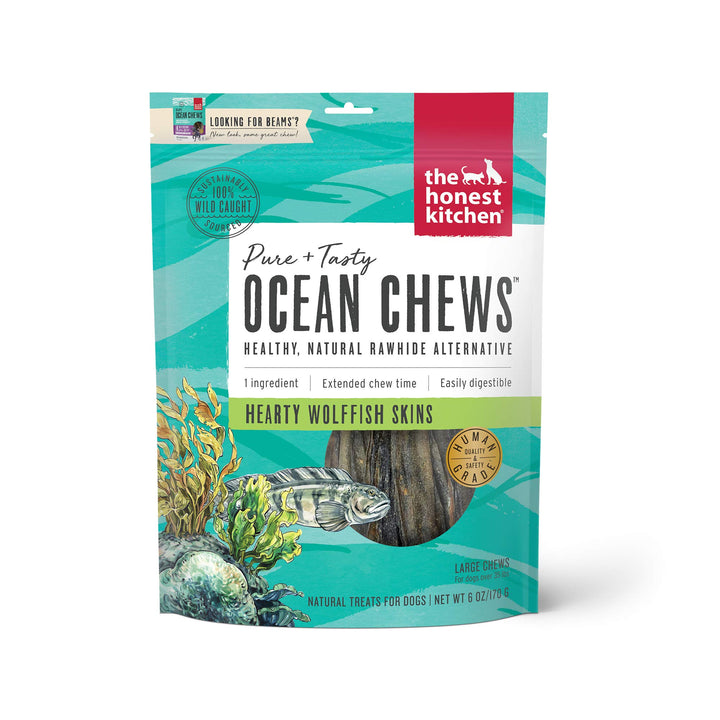Ocean Chews Hearty Wolffish Skins Dog Treats, 6 oz (Beams)