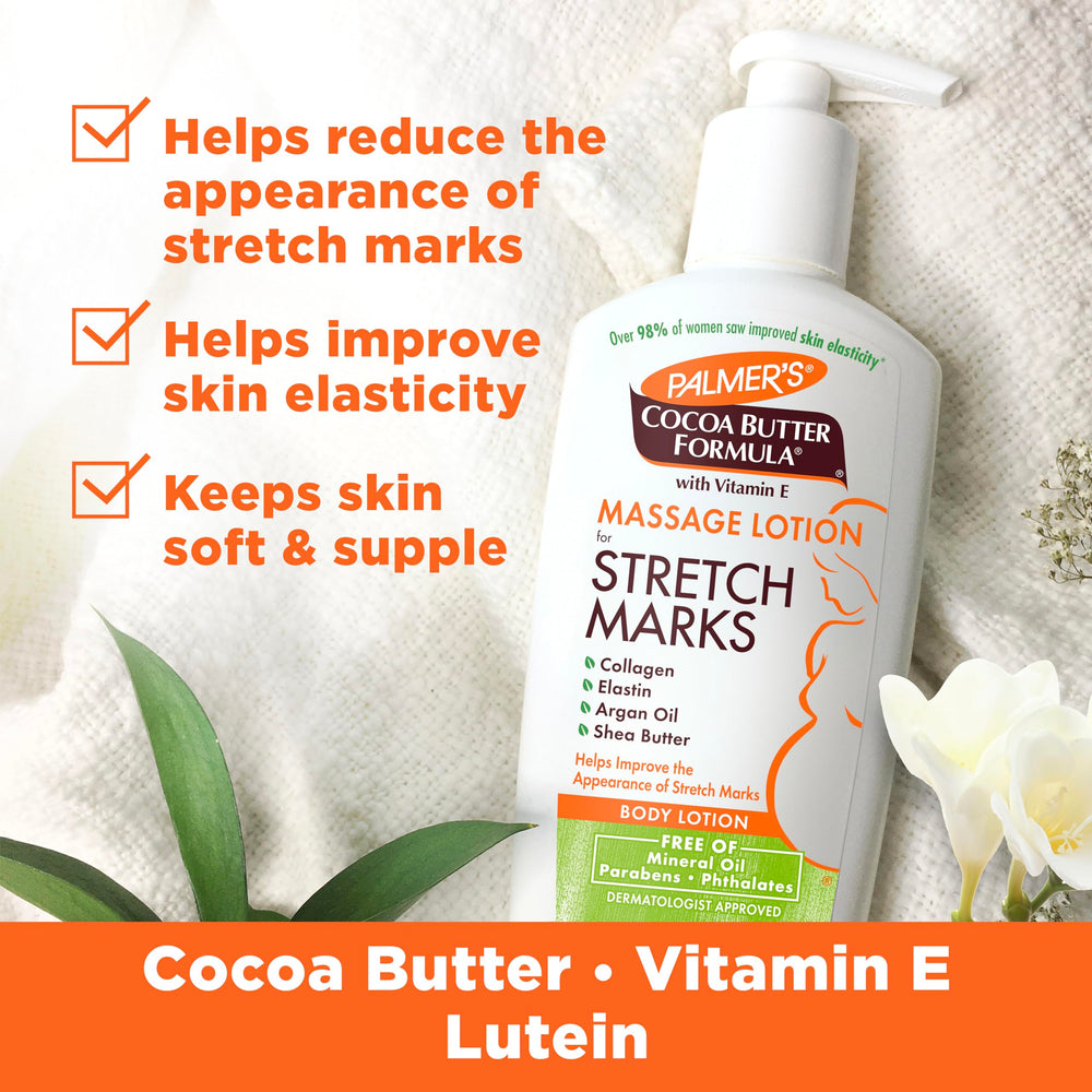 Cocoa Butter Formula Massage Lotion For Stretch Marks, Pregnancy Skin Care, Belly Cream with Collagen, Elastin, Argan OIl and Shea Butter, 8.5 Ounces