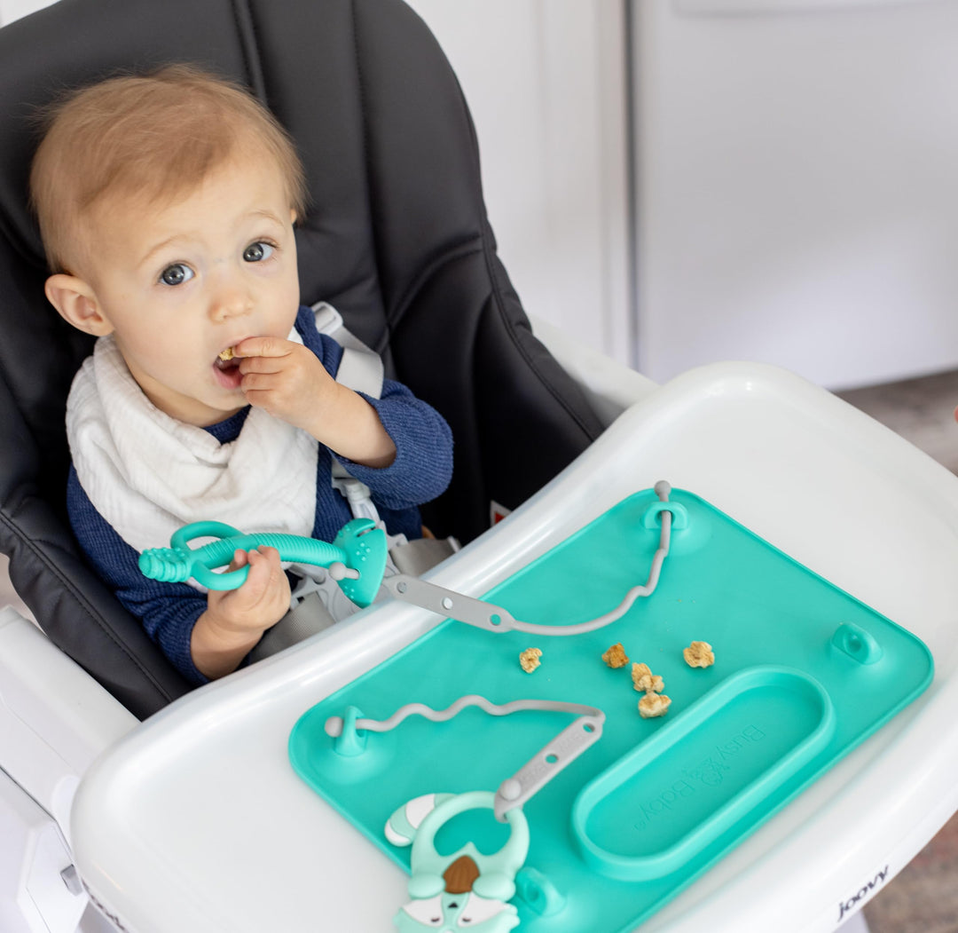 Silicone Mat - Suction Cups, 4 Straps to Secure Baby Essentials, Self Feeding, Baby Led Weaning, Travel Sleeve Included (Spearmint)