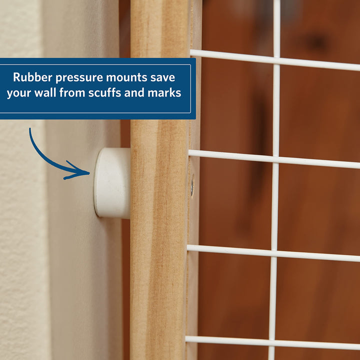 Wire Mesh Pet Safety Gate, Pressure Mounted Dog Gate Measures 44 Inches Tall & Expands to 29-50 Inches Wide, Natural Wood & White Powder Coated Wire Mesh