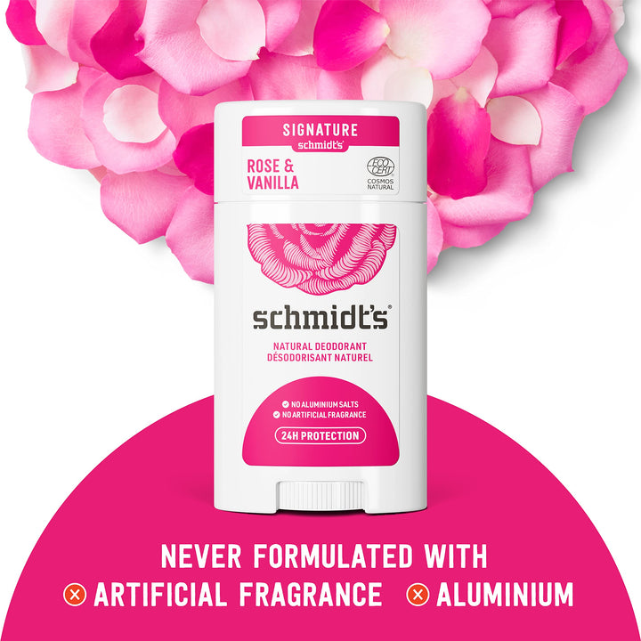 Schmidt's Aluminum Free Natural Deodorant for Women and Men, Rose & Vanilla with 24 Hour Odor Protection, Certified Natural, Vegan, Cruelty Free 3.25 oz