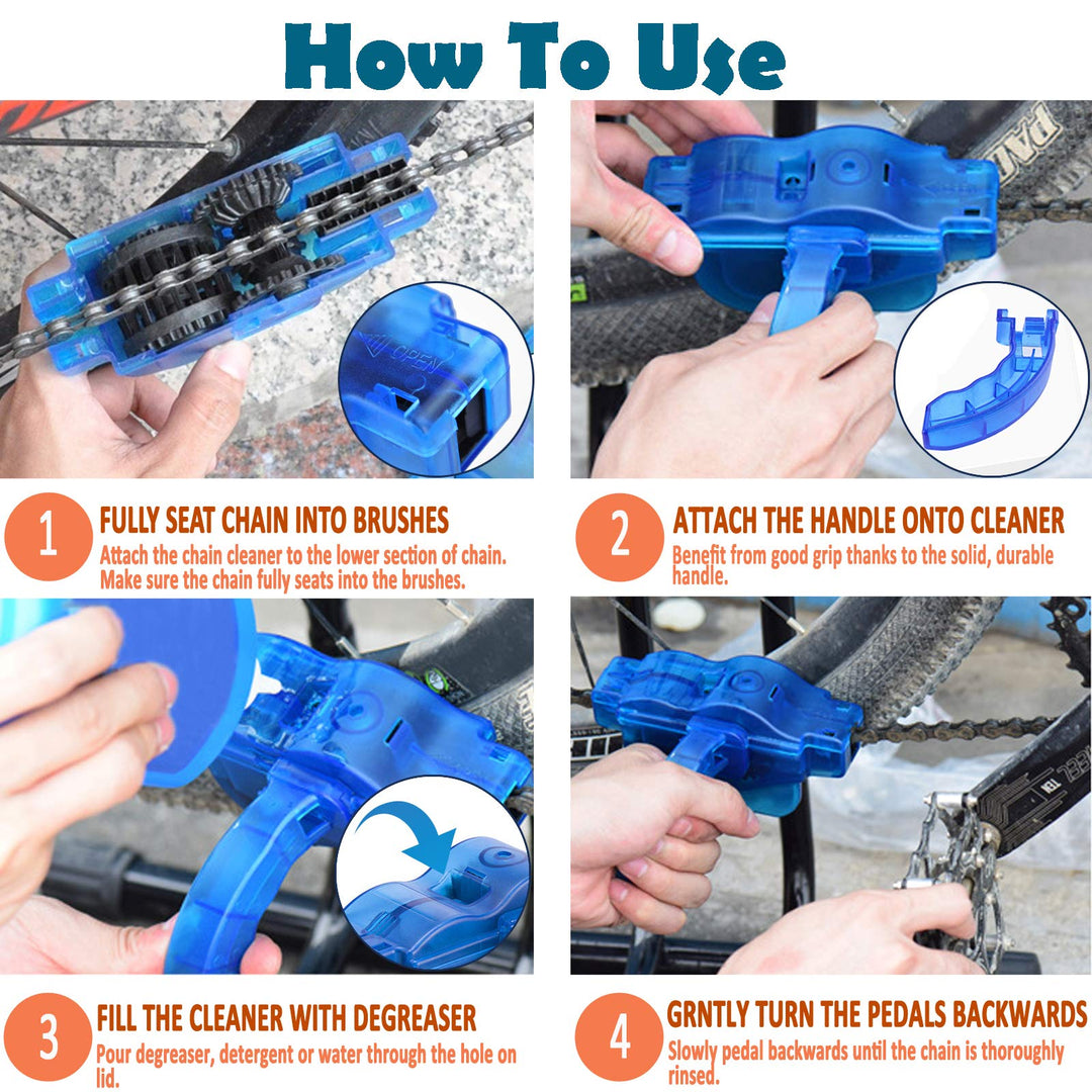 Bike Chain Cleaner, Bike Cleaning Kit, Chain Cleaner for Cycling, Suitable for Mountain Bike, Road Bike, BMX, Bicycle Cleaning Brush Tool for Drivetrain, Gear, Cassette, Sprockets, 4 Piece Set