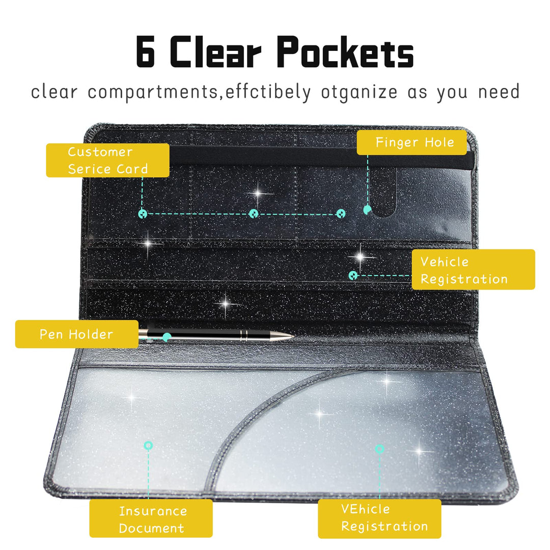 Bling Car Registration and Insurance Holder, PU Leather Vehicle Glove Box Organizer Wallet Case Organizer for Insurance Card, Driver License, Essential Document, Paperwork