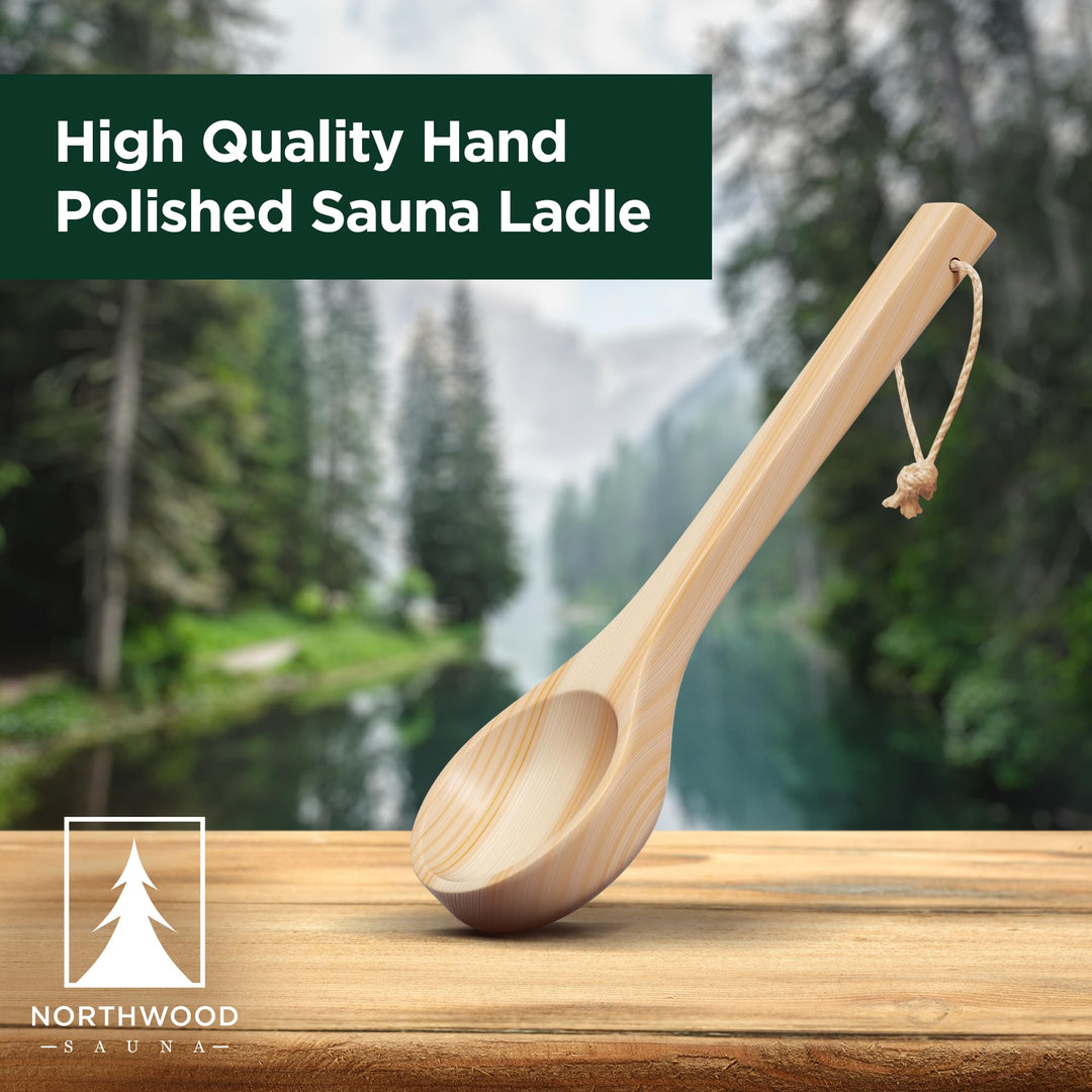 - Sauna Ladle - Handmade from Finnish Pine Wood - Natural Rope - 14 Handle & 3.4 oz (100 mL) Capacity Spoon