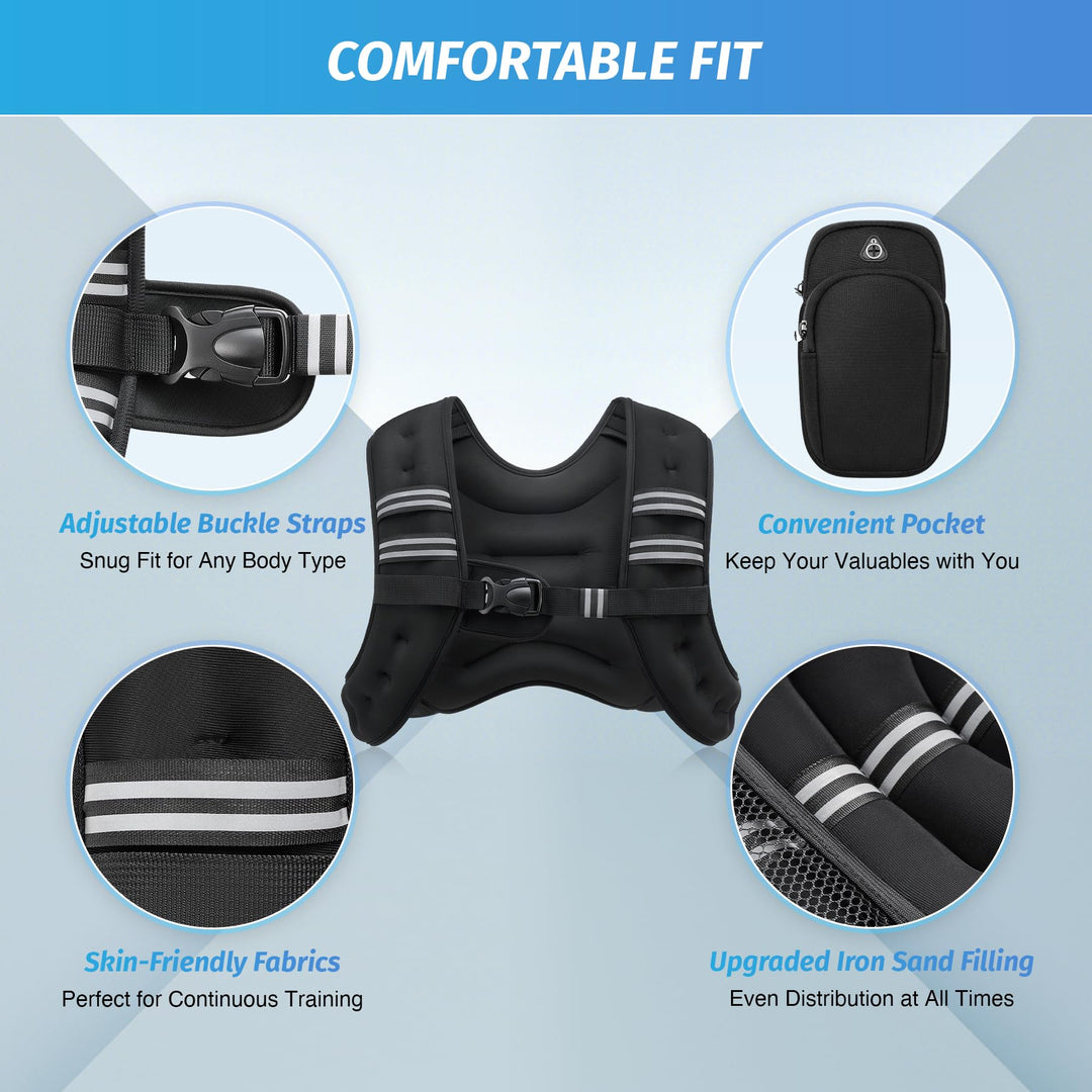 Weighted Vest, 6lb/8lb/12lb/16lb/20lb/25lb/30lb Weight Vest with Reflective Stripe for Workout, Strength Training, Running, Fitness, Muscle Building, Weight Loss, Weightlifting, Black(12 lb)