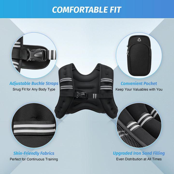 Weighted Vest, 6lb/8lb/12lb/16lb/20lb/25lb/30lb Weight Vest with Reflective Stripe for Workout, Strength Training, Running, Fitness, Muscle Building, Weight Loss, Weightlifting, Black(12 lb)