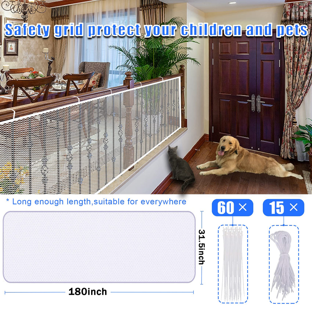 Baby Gate for Stairs, Banister Guard for Kids, Pets, Toys, 15ft L x 2.66 ft H, Mesh Netting Safety Net for Balcony Rail Stair, Stairway Net Baby Safety Products for Indoor & Outdoor (White)