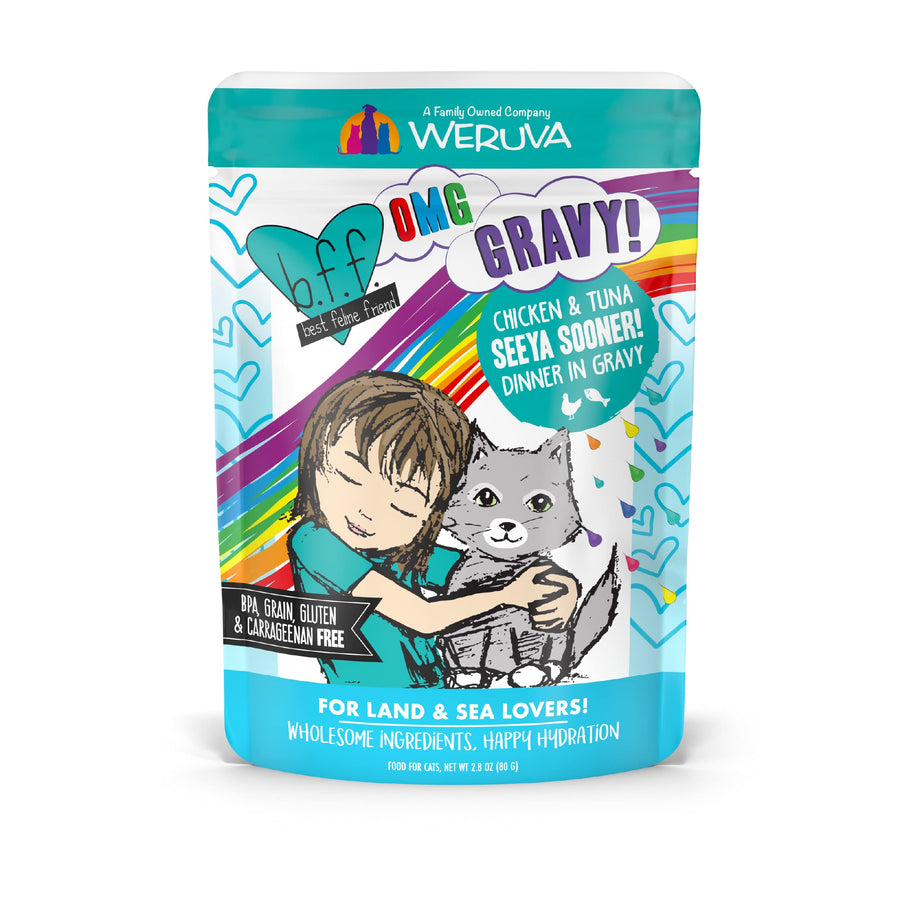 B.F.F. OMG - Best Feline Friend Oh My Gravy!, Seeya Sooner! with Chicken & Tuna in Gravy Cat Food, 2.8oz Pouch (Pack of 12)