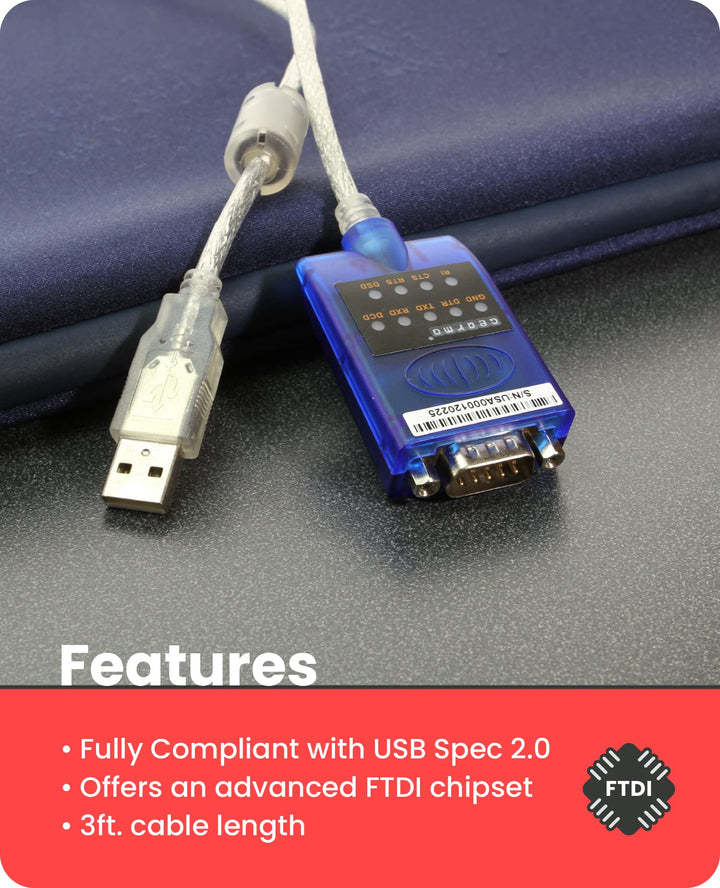 USB to Serial RS-232 Adapter with LED Indicators, FTDI Chipset, Supports Windows 11/10/8.1/8/7/, Mac OS X 10.6 and Above