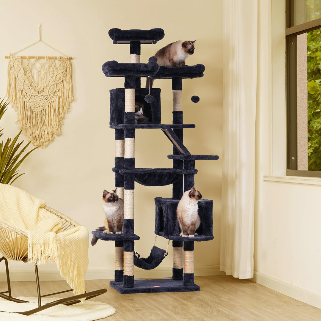 Cat Tree, 73 inches Tall Cat Tower for Large Cats 20 lbs Heavy Duty for Indoor Cats,Big Cat Furniture Condo for with Padded Plush Perch, Cozy Basket and Scratching Posts Smoky Gray HCT030G