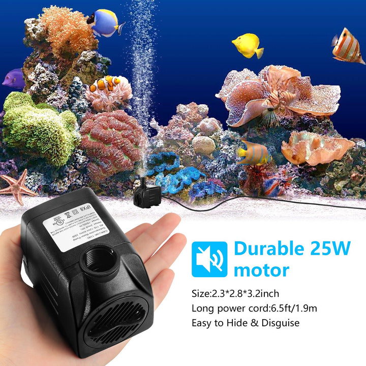Fountain Pump, 400GPH Submersible , Durable 25W Outdoor Water Pump with 6.5ft Power Cord, 3 Nozzles for Aquarium, Pond, Fish Tank, Water Pump Hydroponics, Backyard Fountain