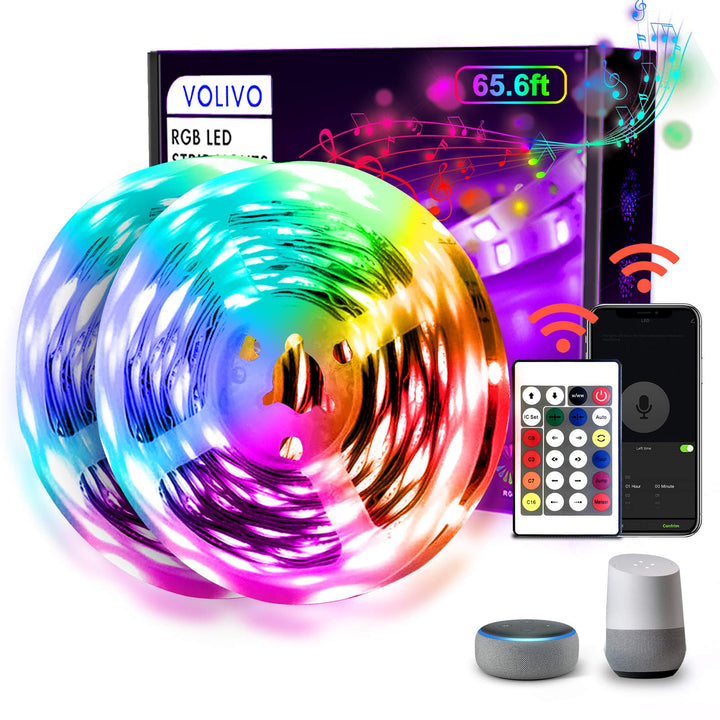65.6 FT WiFi LED Strip Lights,LED Light Strip Compatible with Alexa and Google Home,App&Remote&Voice Controlled Music Sync Color Changing LED Lights for Bedroom Kitchen,Party,TV