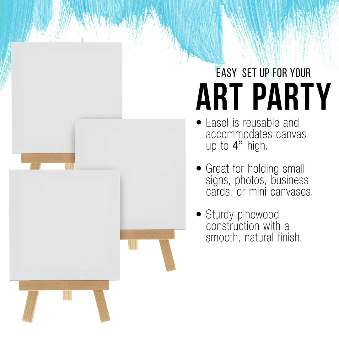 3 x 3 Stretched Canvas with 5 Mini Natural Wood Display Easel Kit (Pack of 12), Artist Tripod Tabletop Holder Stand - Painting Party, Kids Crafts, Oil Acrylic Paints, Signs, Photos