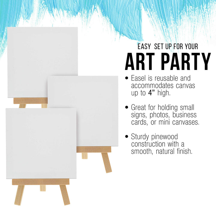3 x 3 Stretched Canvas with 5 Mini Natural Wood Display Easel Kit (Pack of 12), Artist Tripod Tabletop Holder Stand - Painting Party, Kids Crafts, Oil Acrylic Paints, Signs, Photos