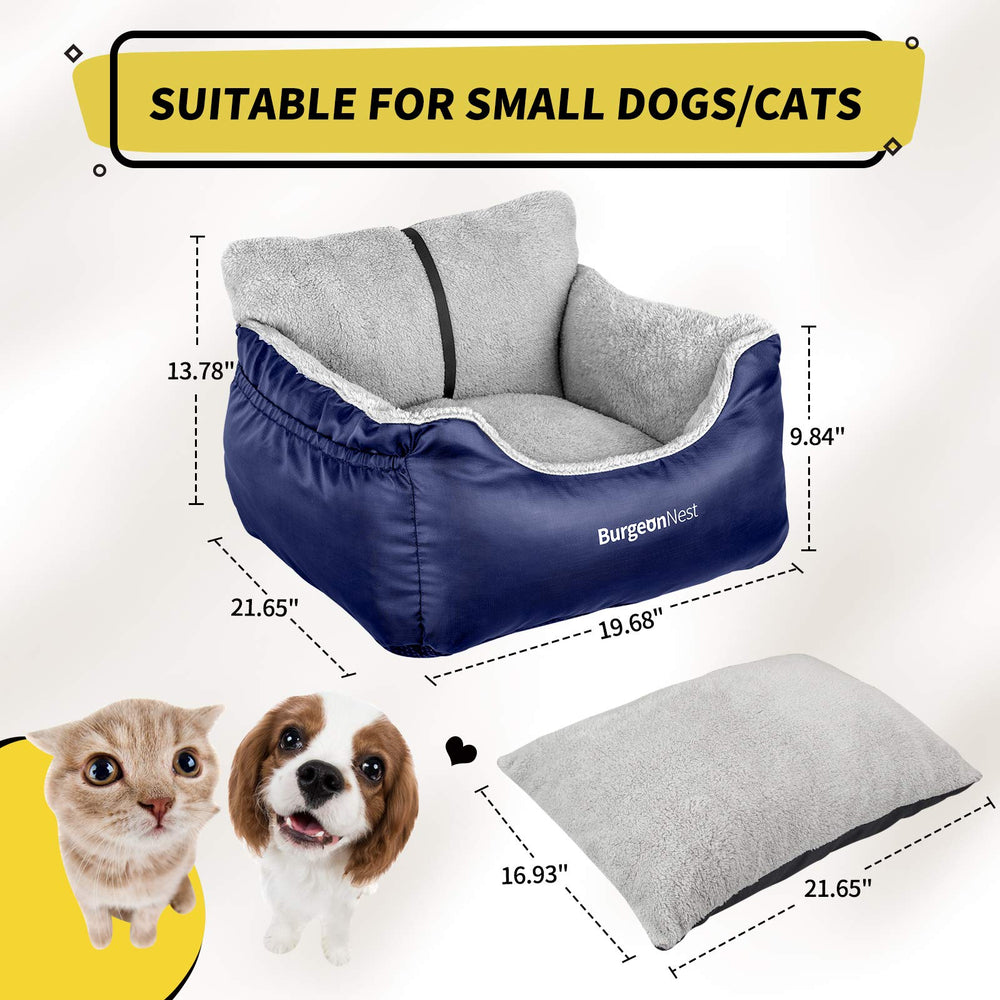 Dog Car Seat for Small Dogs, Fully Detachable and Washable Cat Carseats Under 25 lbs, Soft Pet Booster Seats with Storage Pockets and Clip-On Leash Portable Car Travel Carrier Bed, Blue