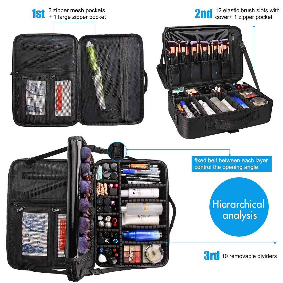 Makeup Case Large Makeup Bag Professional Train Case 16.5 inches Travel Cosmetic Organizer Brush Holder Waterproof Makeup Artist Storage Box, 3 Layer Large Capacity, with Adjustable Strap