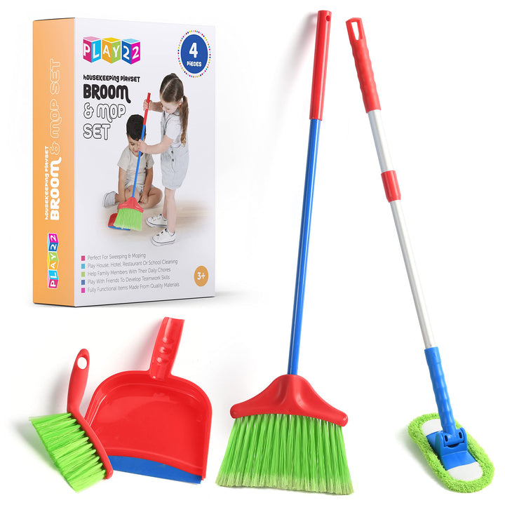 Kids Cleaning Set 4 Piece - Toy Cleaning Set Includes Broom, Mop, Brush, Dust Pan - Toy Kitchen Toddler Cleaning Set is A Great Toy Gift for Boys & Girls