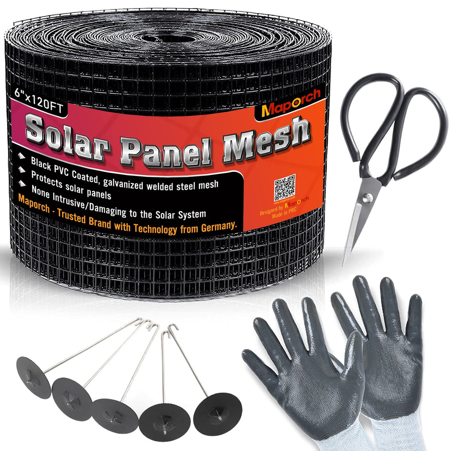 6x120FT Solar Mesh Screen for Bird Proofing Solar Panels, Solar Panel Bird Guard & Black PVC Coated Galvanized Steel with 60 Fastener Solar Panel Clips, Cutting Scissor & Gloves Included
