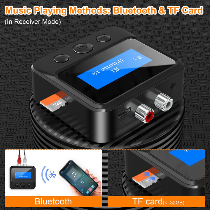 Bluetooth Transmitter Receiver for TV, Bluetooth Audio Adapter for Home Stereo with RCA 3.5mm AUX & Display, Bluetooth Transmitter for Headphones/Speakers/Airplane/Home Theater/PC/Car, TF Card Output