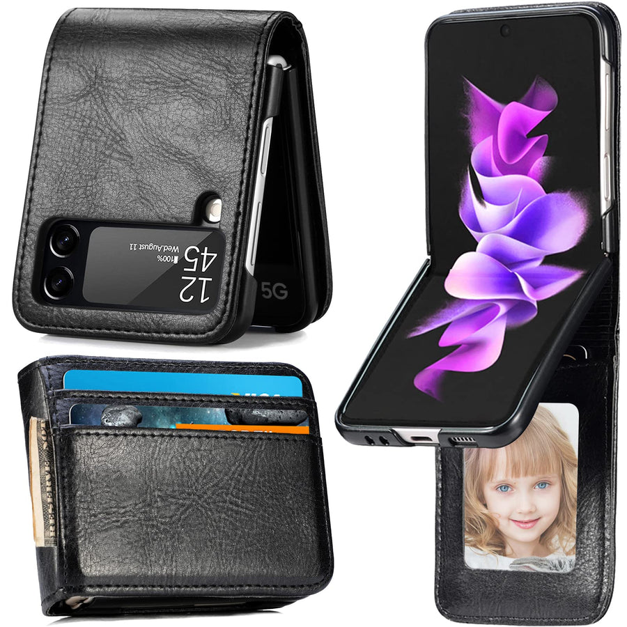 for Samsung Galaxy Z Flip 3 Case Wallet Case with Card Holder, Slim Fit Premium PU Leather + Hard PC Protective Flip Phone Cover for Samsung Galaxy Z Flip 3 5G 2021 - Black