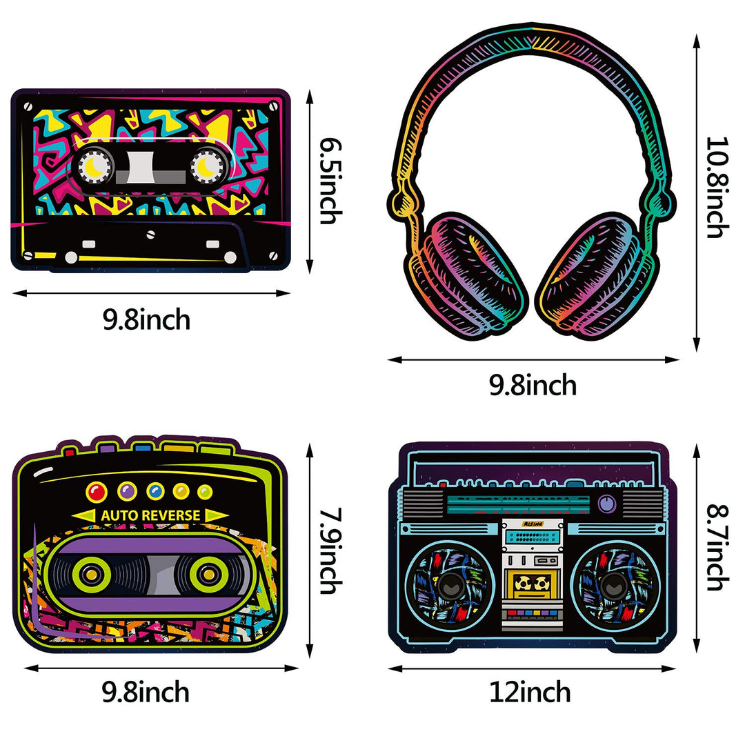 80's Cutouts Decorations, Includes Cassette Player Cutouts Headphones Cutouts Radio Cutouts for 1970s Party Decorations 80's Theme Party Wall Stickers Decorating Kit Retro Design (24 Pieces)
