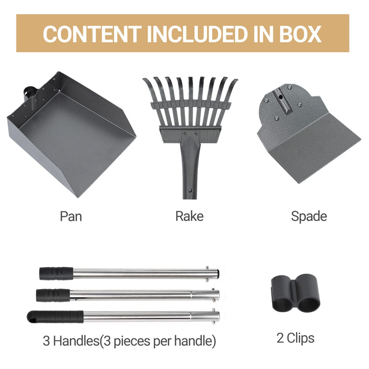 Dog Pooper Scooper, Dog Poop Tray and Rake Set, Pet Waste Removal Scoop with Long Adjustable Sectional Stainless Handles