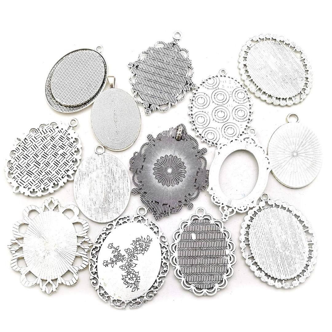 10 Pendant Trays, 30x40mm, Blank Oval Cabochons Base Setting Bezel Frame Metal Cameo for Photo Pendant Jewelry Making (Antique Silver-HM278)