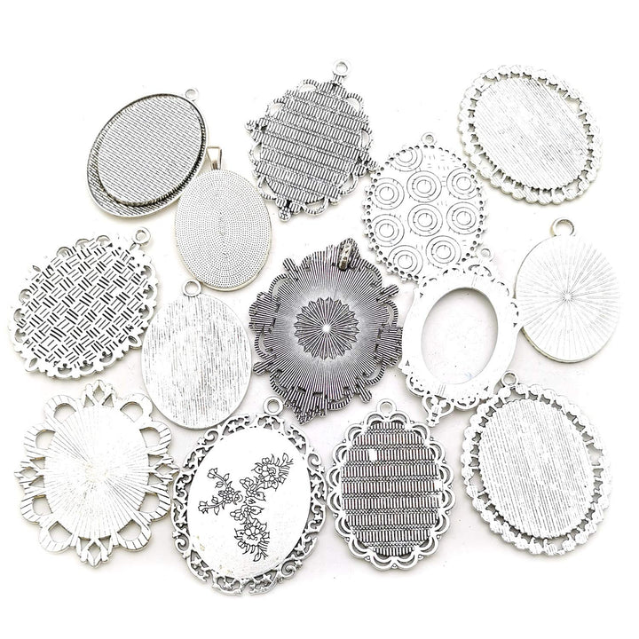 10 Pendant Trays, 30x40mm, Blank Oval Cabochons Base Setting Bezel Frame Metal Cameo for Photo Pendant Jewelry Making (Antique Silver-HM278)