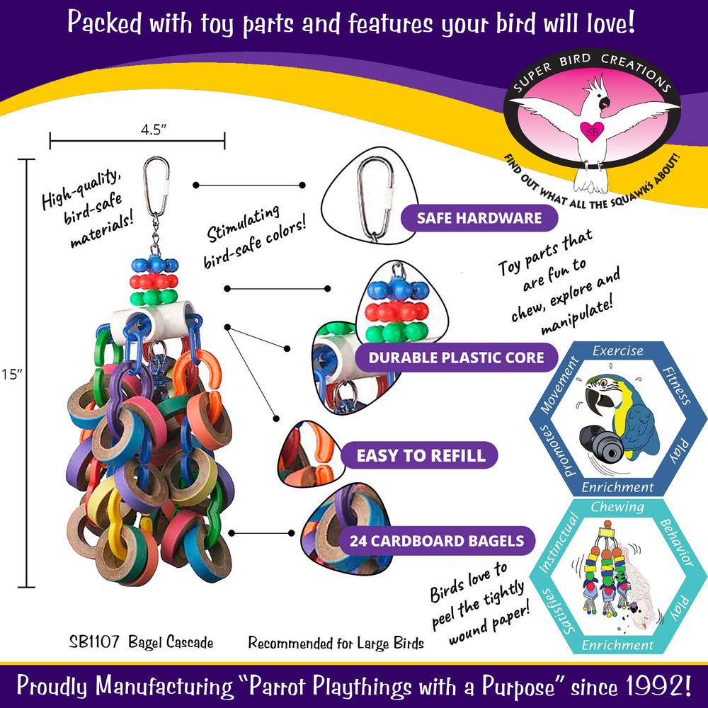 SB1107 Bagel Cascade Bird Toy, Large Bird Size, Refillable Bagels, 15” x 4.5”