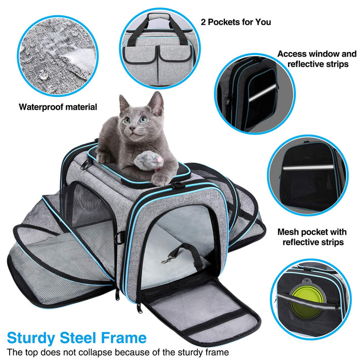 Airline Approved Pet Carrier, Large Soft Sided Pet Travel TSA Carrier 4 Sides Expandable Cat Collapsible Carrier with Removable Fleece Pad and Pockets for Cats Dogs and Small Animals
