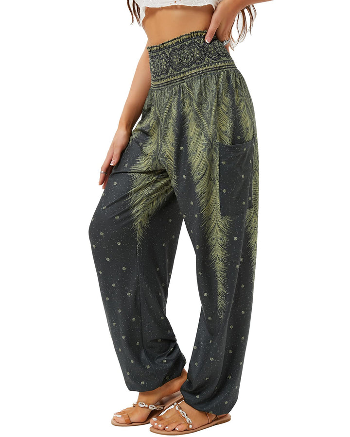 Women's Harem Pants, High Waist Yoga Boho Trousers with Pockets Elephant Black L