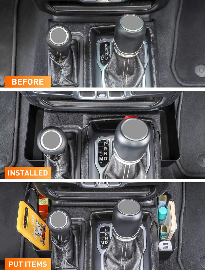 GT-2 Shifter Storage Box, Gear Shift Console Side Tray Organizer Compatible with 2018-2025 Jeep Wrangler JL JLU 4XE & Gladiator JT, Interior Storage Accessories, Black, 1 PC