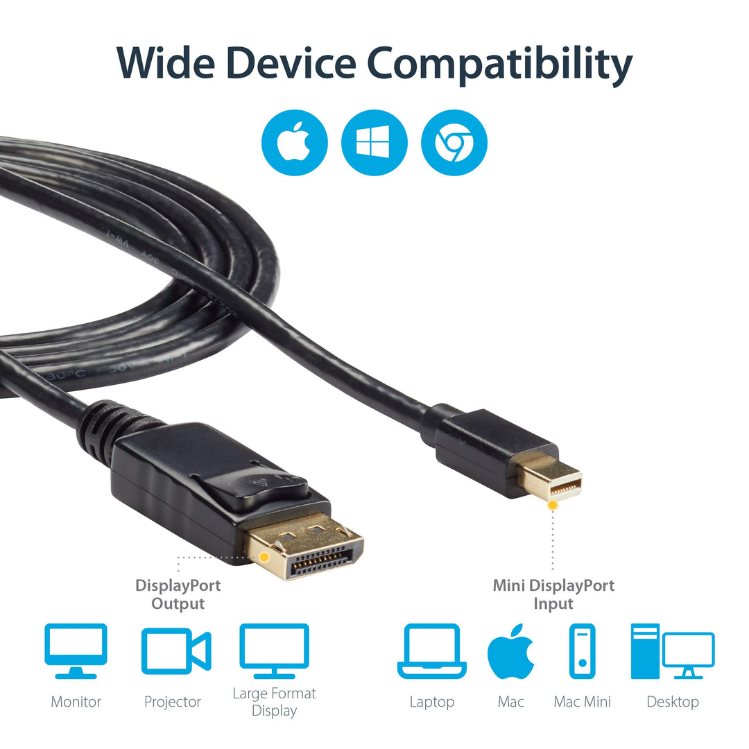 10ft Mini DisplayPort to DisplayPort Cable - M/M - mDP to DP 1.2 Adapter Cable - Thunderbolt to DP w/ HBR2 Support (MDP2DPMM10) , Black