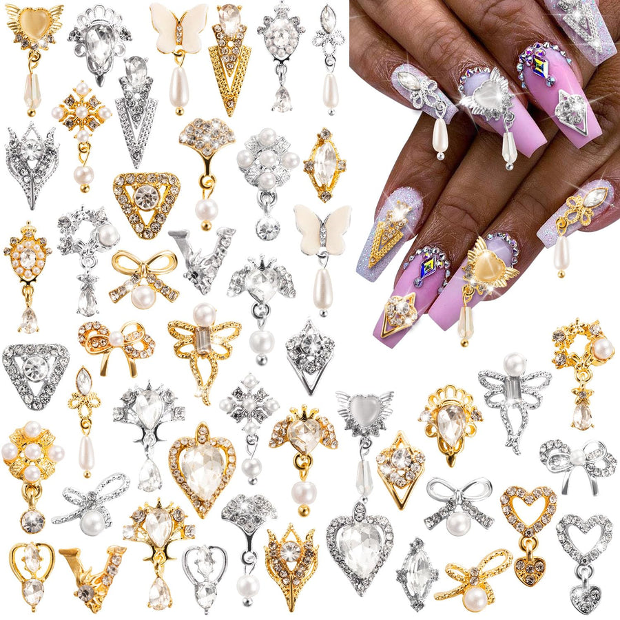 48PCS 3D Bow Nail Art Charms Rhinestones, Luxury Metal Crystal Diamonds with Pearls for Nail Design, Dazzling Heart Butterfly Pendant Gems for DIY Salon Manicure Decoration Jewelry Crafting