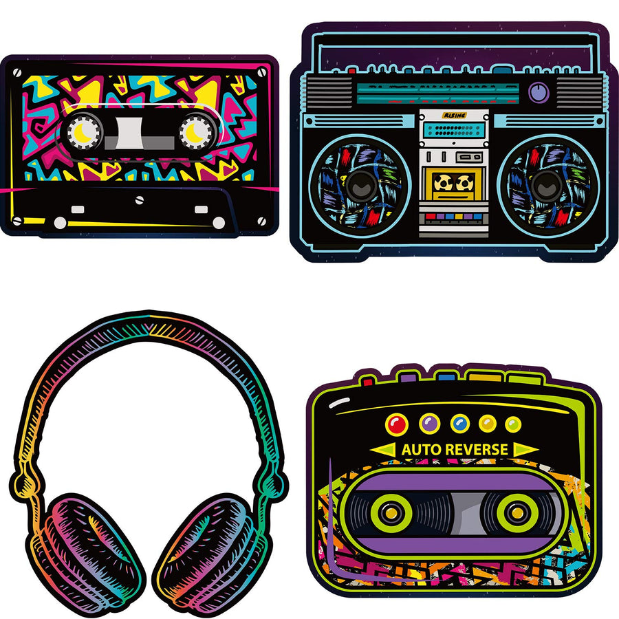 80's Cutouts Decorations, Includes Cassette Player Cutouts Headphones Cutouts Radio Cutouts for 1970s Party Decorations 80's Theme Party Wall Stickers Decorating Kit Retro Design (24 Pieces)