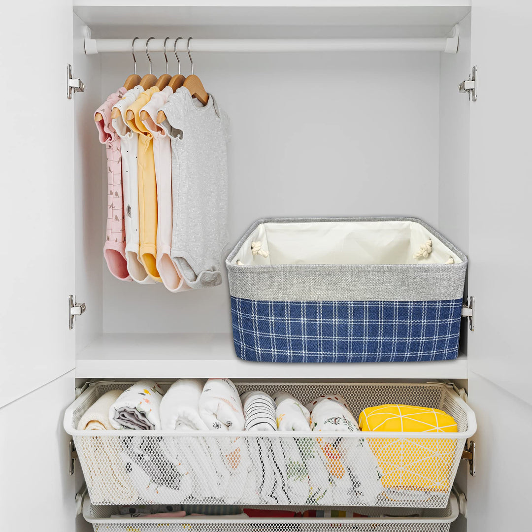 Fabric Storage Bins Foldable Storage Baskets for Shelves, Organizing Baskets Blue with Cotton Handles, Storage Basket Bins for Clothes Organizing Home Closet Nursery Toy, 3-Pack
