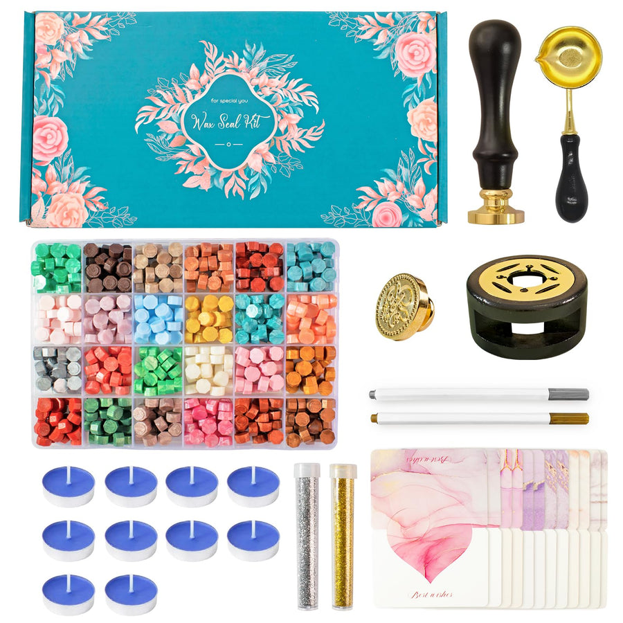 Wax Seal Kit, 720 Pcs Sealing Wax Beads, 2 Pcs Wax Seal Stamps,Seal Wax Warmer and Spoon,Sealing Wax Kit for Invitation and Decoration