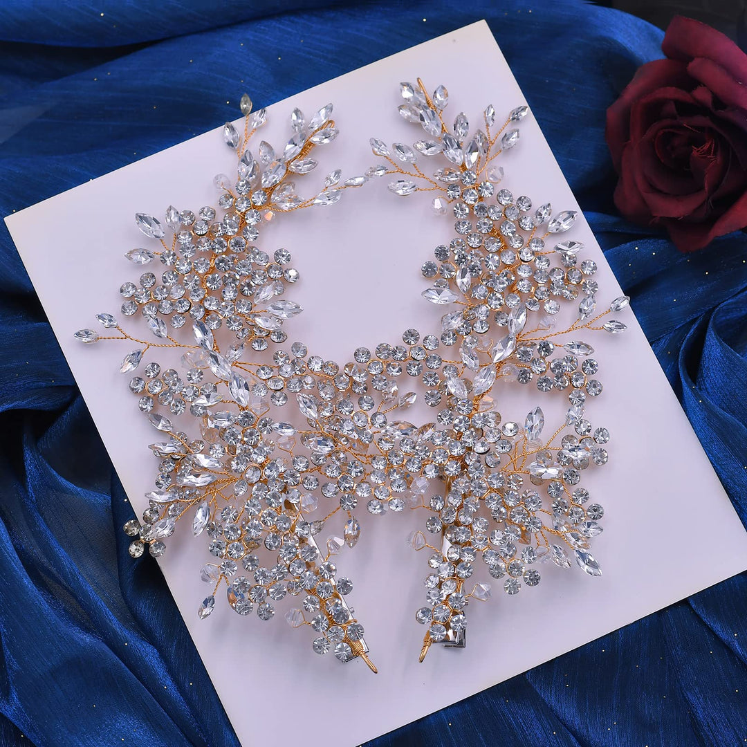 2 Pack Bride Wedding Headbands, Rhinestone Bridal Bridesmaid Hair Clips Accessories, Flower Girls Headpieces for Women (Gold)