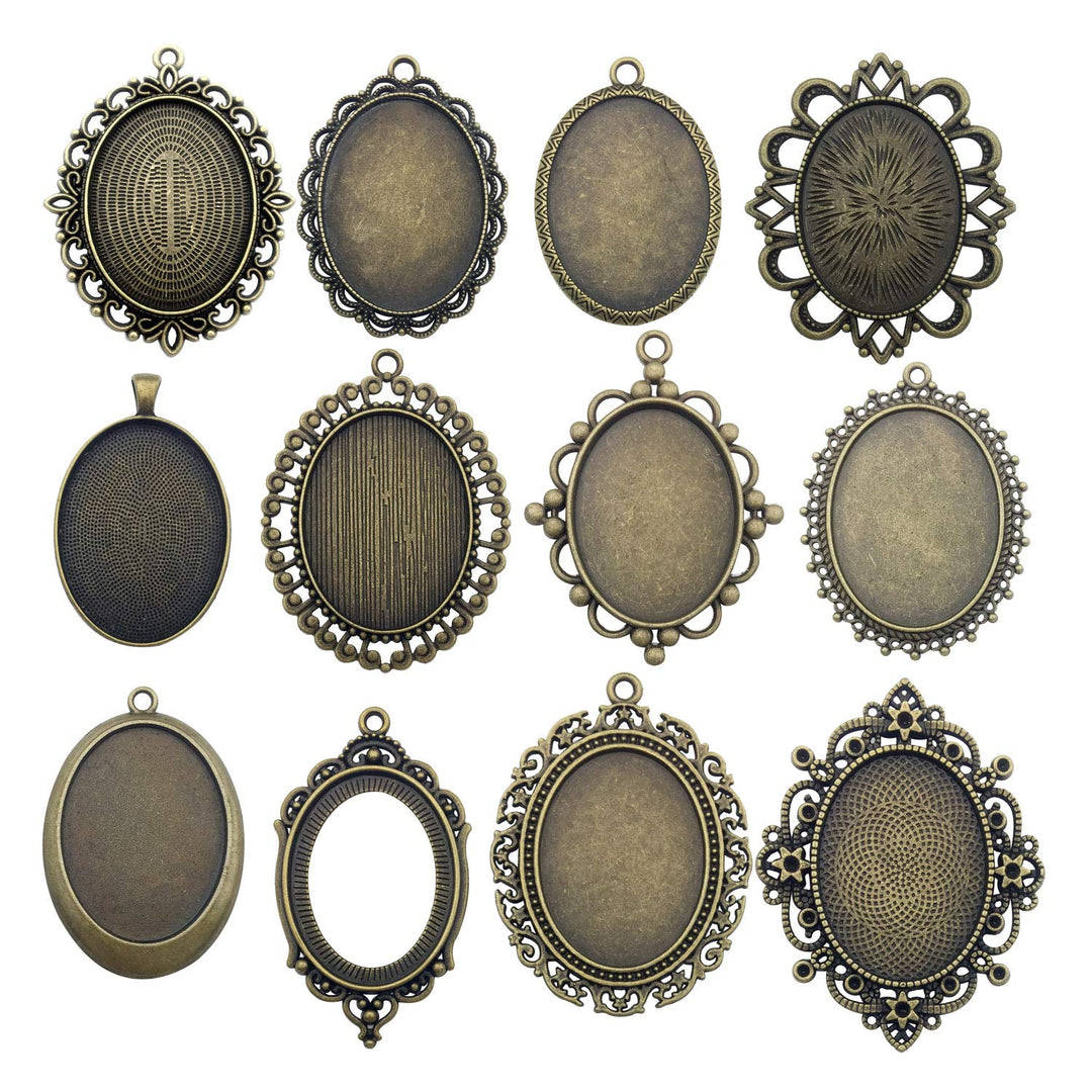 10 Pendant Trays, 30x40mm, Blank Oval Cabochons Base Setting Bezel Frame Metal Cameo for Photo Pendant Jewelry Making (Antique Bronze-HM277)