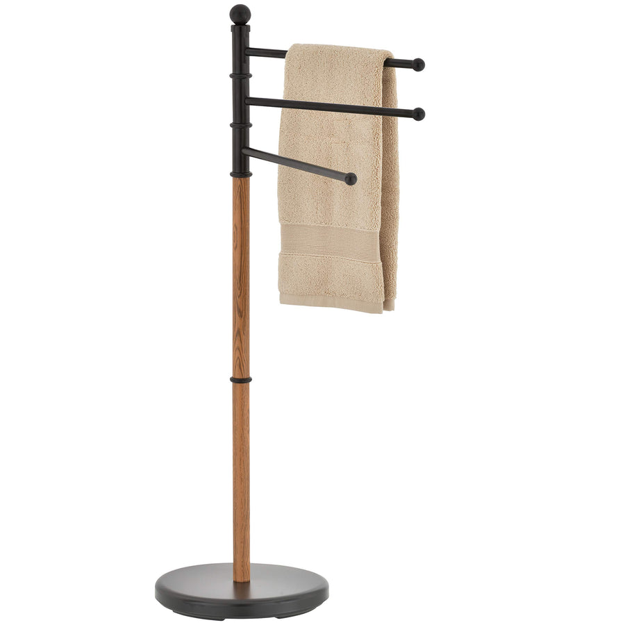 40 Inch Black Steel Freestanding Bathroom Towel Rack with 3 Swivel Arms and Oak Wood-Tone Finish, Indoor and Outdoor Pool Spa Towel Holder