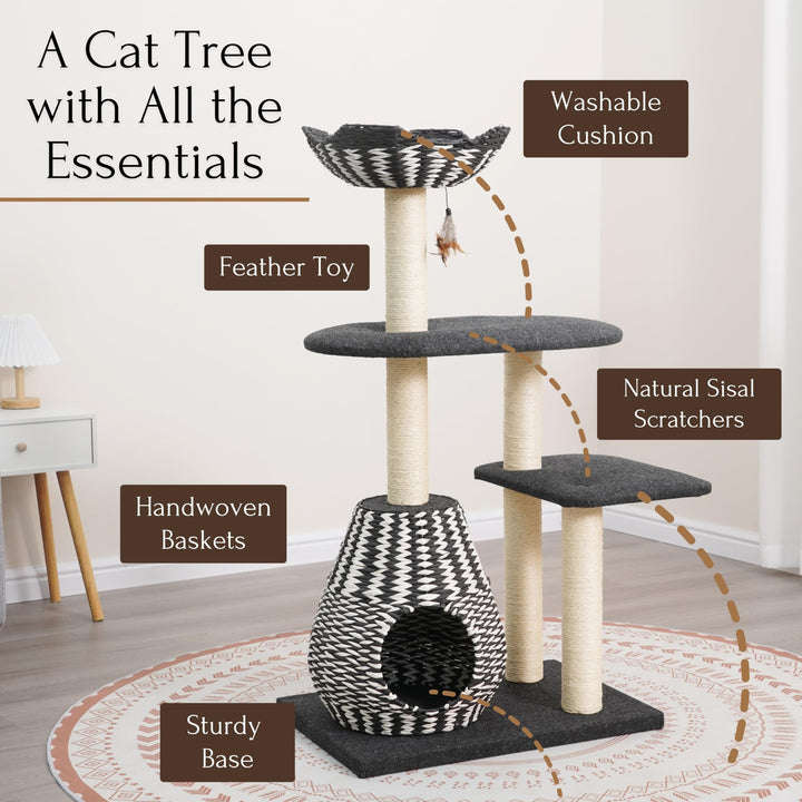 Ace 4-Level Multi-Activity Cat Tree with Felt Perches, Handwoven Recycled Paper Rope Condo, Sisal Scratching Posts, Feather Teaser Toy, Eco-Friendly & Stylish Cat Furniture, Black & White