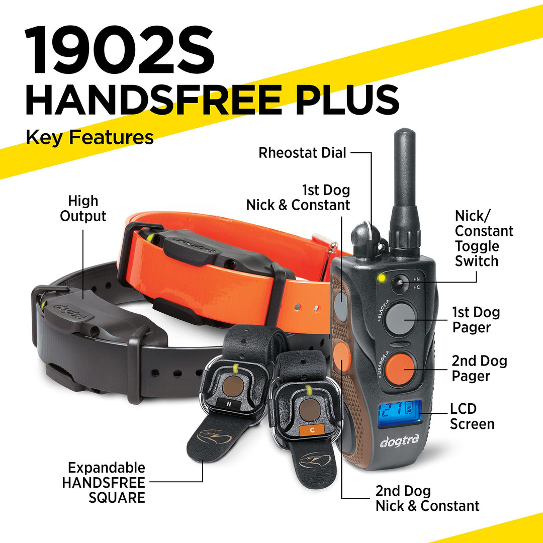 1902S HANDSFREE Plus 2-Dog Remote Dog Training E-Collar with Expandable HANDSFREE Square for Discreet Control Ergonomic Rechargeable 3/4-Mile Range Waterproof High-Output