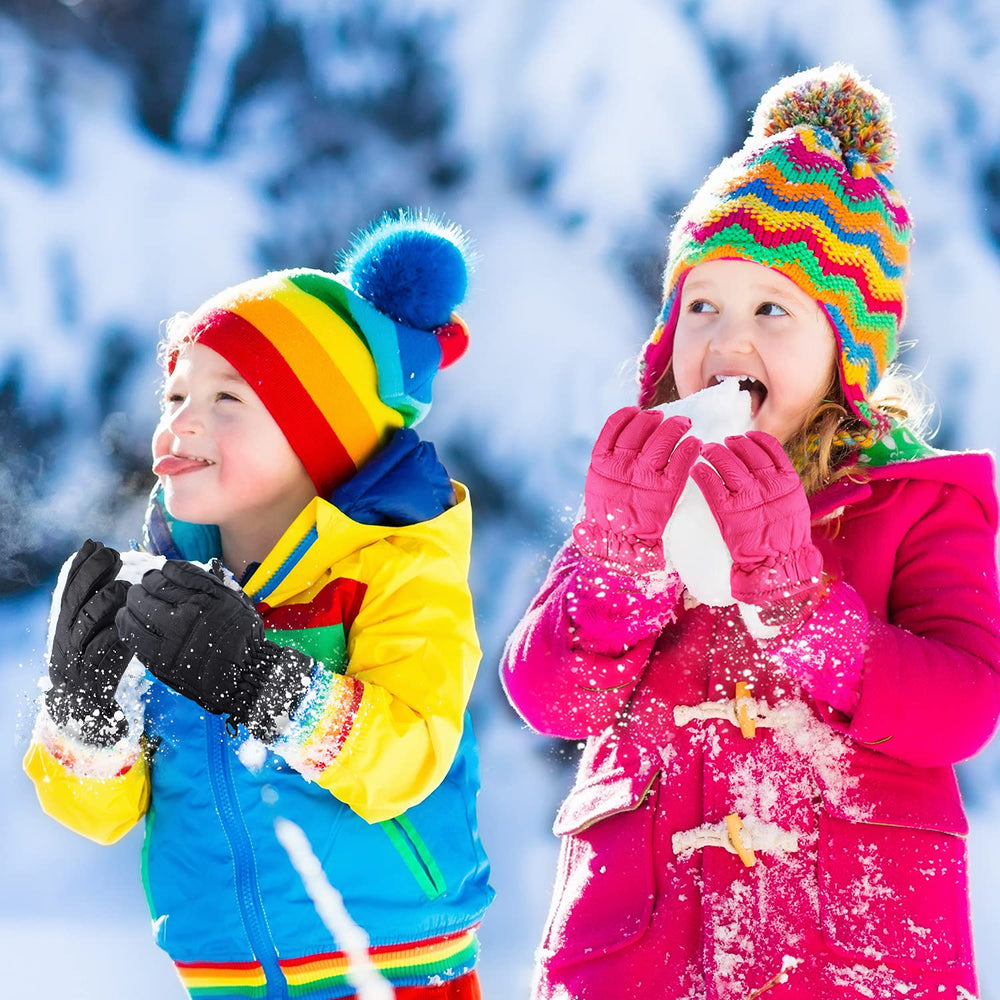 2 Pairs Kids Winter Ski Gloves Waterproof Warm Snow Mittens Full Finger Gloves for Toddlers Infants (Black, Rose Red, 1-3 Years)