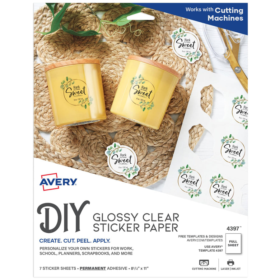 Avery Printable Sticker Paper, 8.5 x 11, Laser & Inkjet Printers, Glossy Clear, 7 Sticker Sheets (4397)