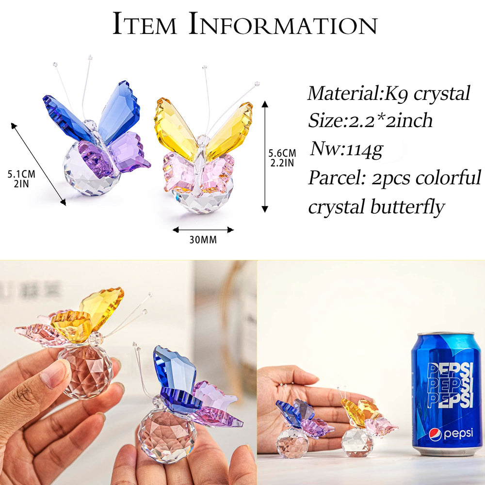 Set 2pcs Elegant Crystal Flying Butterfly with Ball Base Glass Animal Collectible Figurines Paperweight Art Craft Table Ornament Home Wedding Decor Xmas Women Gift
