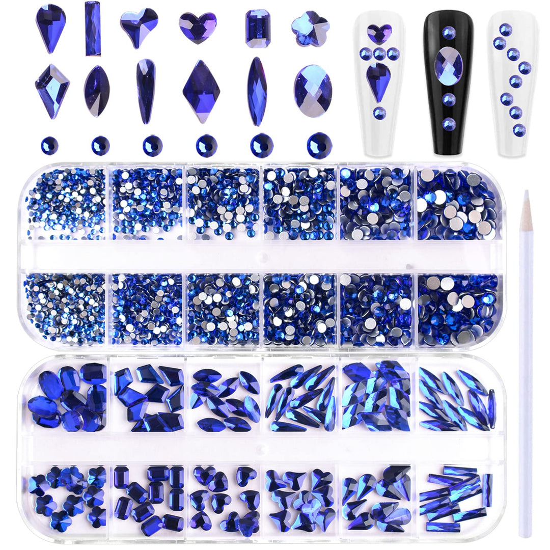 2 Boxes Blue Nail Rhinestones Flat-Back Rhinestones For Nails Glass Nail Crystals Nail Gems Stones Diamond for Nail Art 3D Nail Decoration Kit with Picker Pencil
