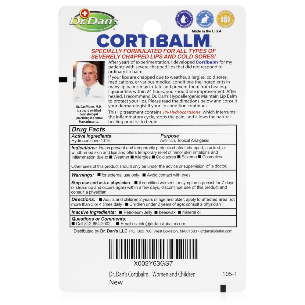 Cortibalm - 1 Pack - for Dry Cracked Lips - Healing Lip Balm for Severely Chapped Lips - Designed for Men, Women and Children