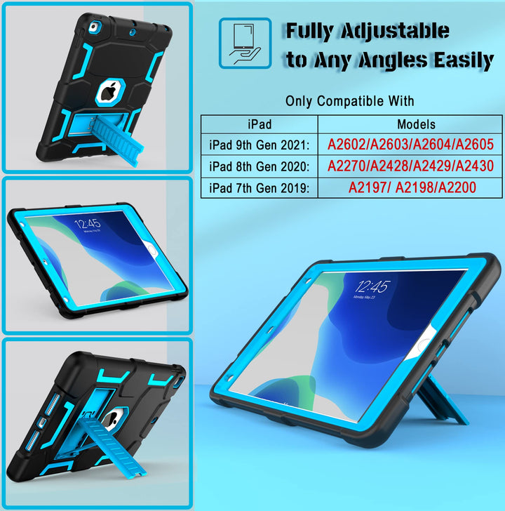 iPad 9th Generation Case, iPad 8th/7th Generation Case, iPad 10.2 2021/2020/2019 Case with Kickstand, Heavy Duty Shockproof Hybrid Three Layer Protective Cover for Kids Boy Girl, Black+Sky Blue