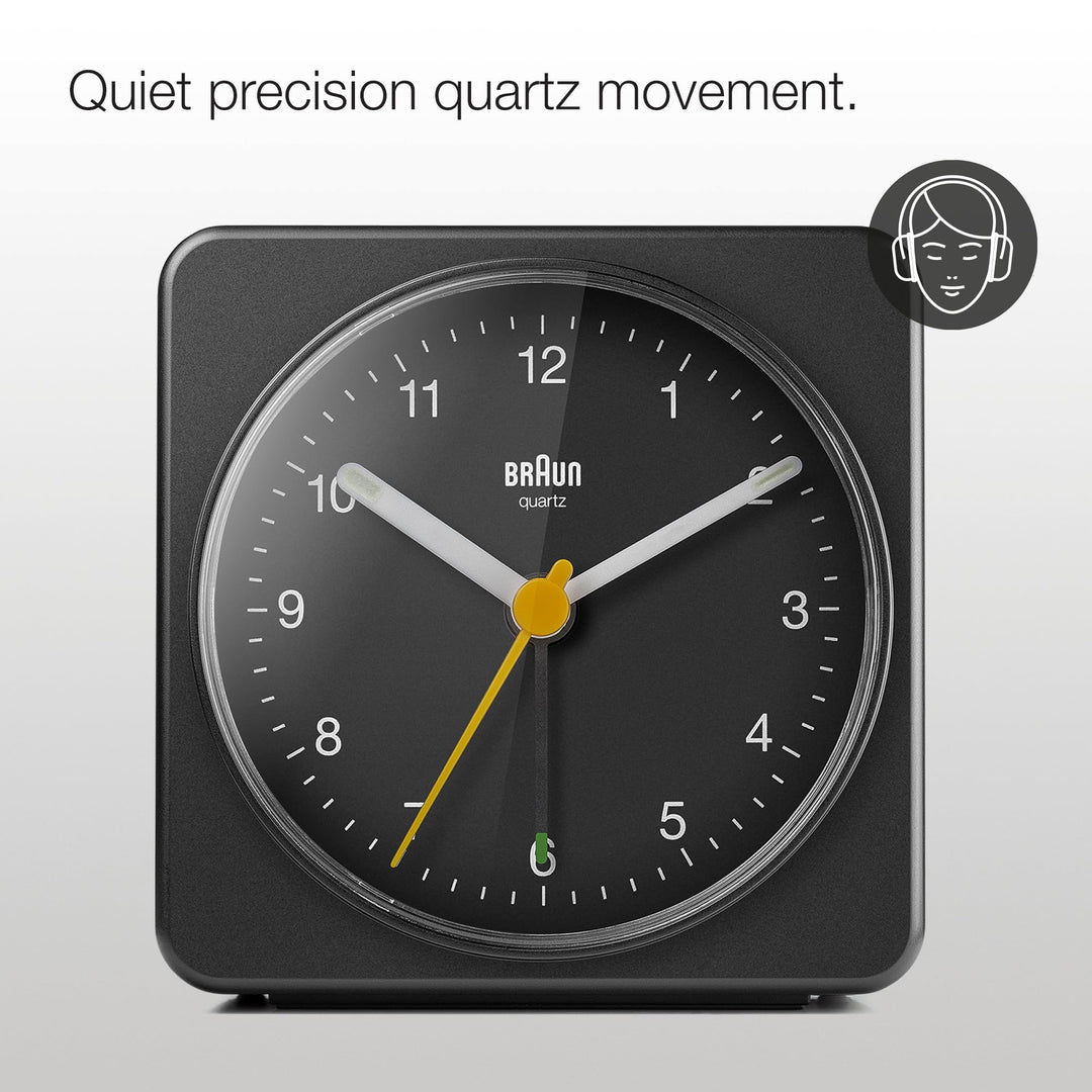 Classic Analogue Alarm Clock with Snooze and Light, Quiet Quartz Sweeping Movement, Crescendo Beep Alarm in Black, Model BC03B.